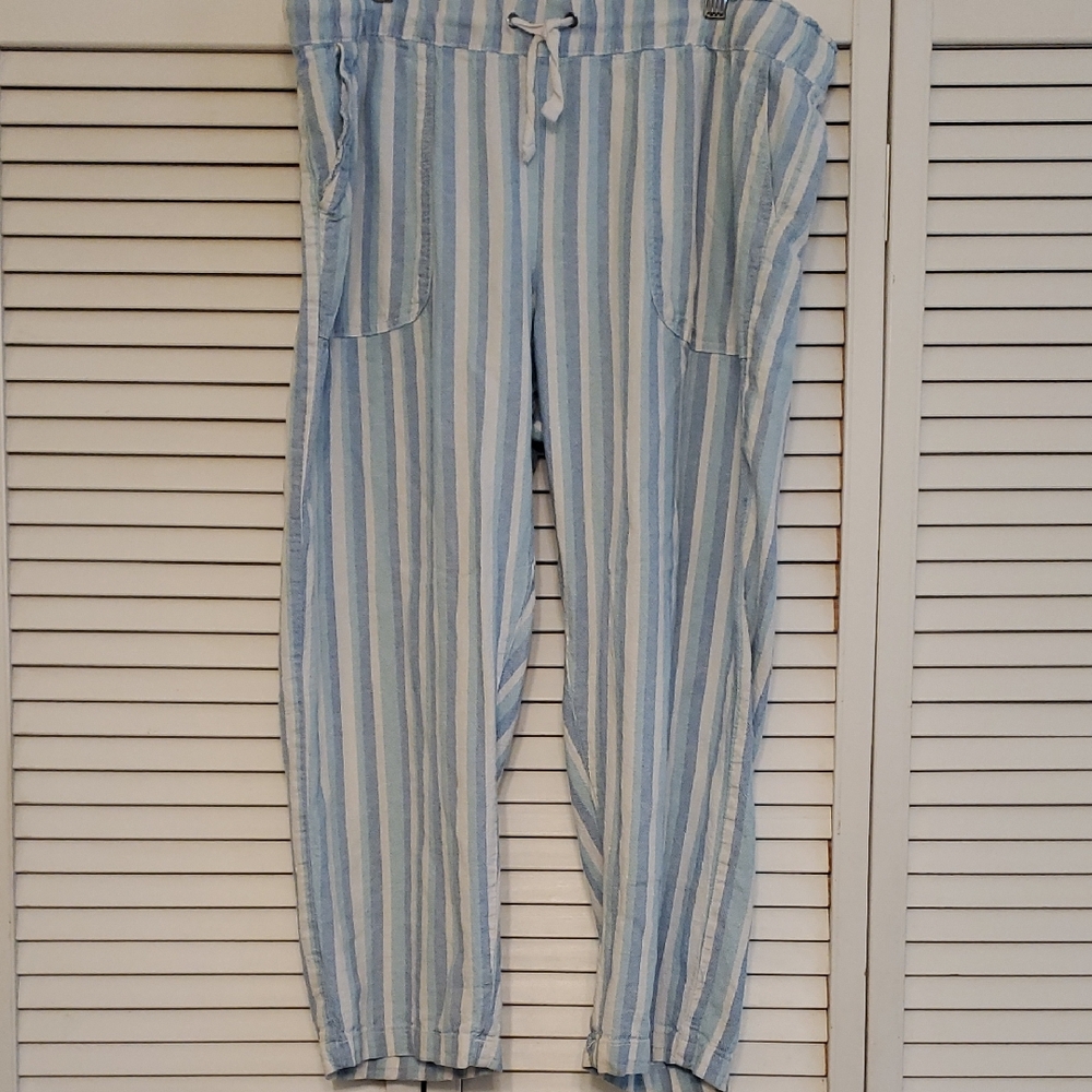 Purple & More Linen Blend Blue And White Striped Pants, Size XL